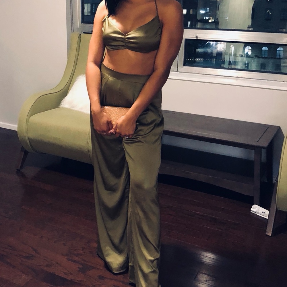 Sleek Olive Green Satin Two-Piece Set
